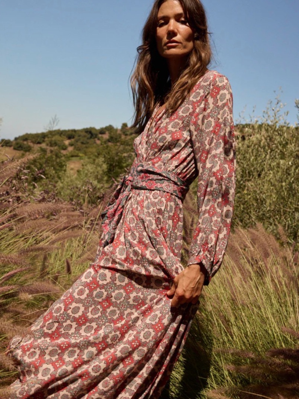 Natalie Martin Kate Long-Sleeve Floral Wrap Maxi Dress in Spanish Tile Combo NWT